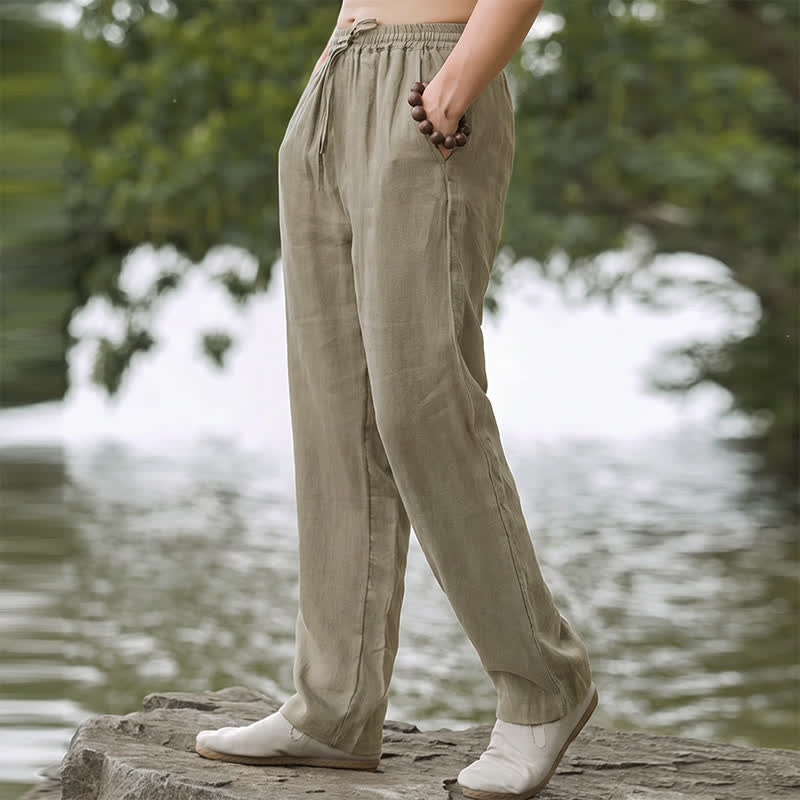 Buddha Stones Lässige, einfarbige lange Herrenhose mit Kordelzug und geradem Bein sowie Tasche für den Herbst. - image 1