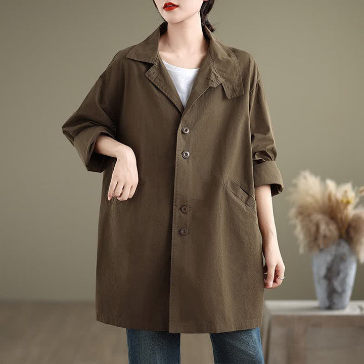 Buddha Stones Lässige, minimalistische Damenjacke mit Knopfleiste, Reverskragen und Taschen für Frühling und Herbst - image 1