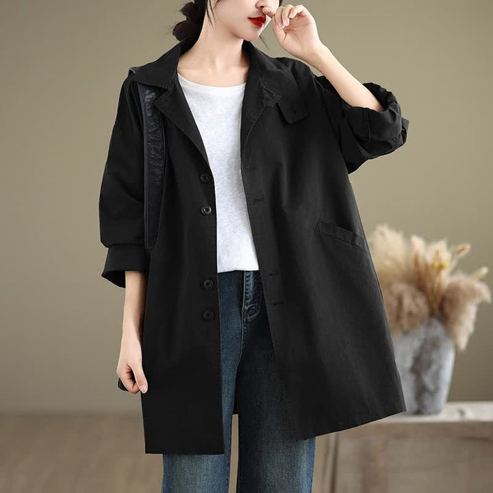 Buddha Stones Lässige, minimalistische Damenjacke mit Knopfleiste, Reverskragen und Taschen für Frühling und Herbst - Schwarz - US12, UK/AU16, EU44 (XL) - image 16