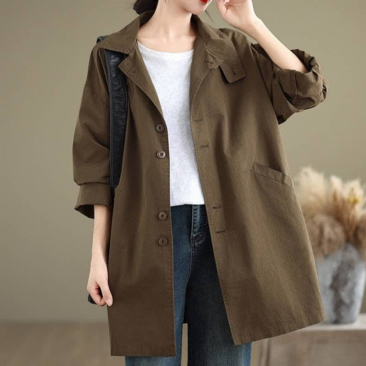 Buddha Stones Lässige, minimalistische Damenjacke mit Knopfleiste, Reverskragen und Taschen für Frühling und Herbst - Olive - US12, UK/AU16, EU44 (XL) - image 0