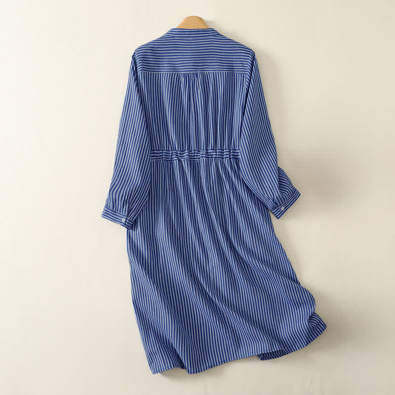 Buddha Stones Lässiges, blau-weiß gestreiftes Langarmkleid mit Kordelzug und Taschen für Damen, ideal für Frühling und Herbst - image 1