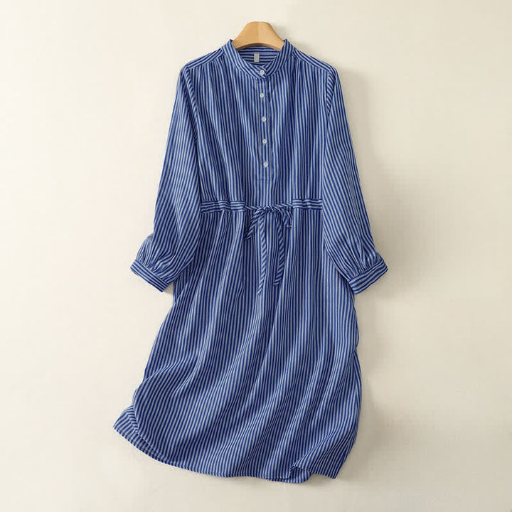 Buddha Stones Lässiges, blau-weiß gestreiftes Langarmkleid mit Kordelzug und Taschen für Damen, ideal für Frühling und Herbst - Königsblau - US14, UK/AU18, EU46 (2XL) - image 0