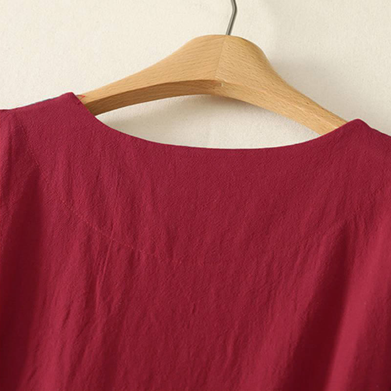 Buddha Stones Herbstliches Tang-Style-Kleid für Damen, lässig, mit Knotenknöpfen, rot-bunt gestreift, langärmelig und mit Taschen - image 3