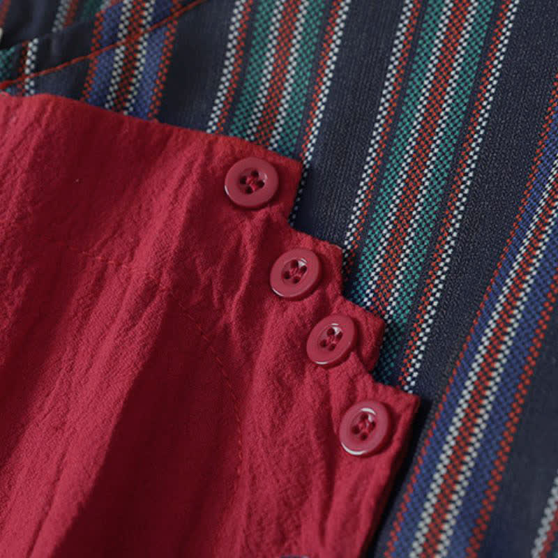 Buddha Stones Herbstliches Tang-Style-Kleid für Damen, lässig, mit Knotenknöpfen, rot-bunt gestreift, langärmelig und mit Taschen - image 4