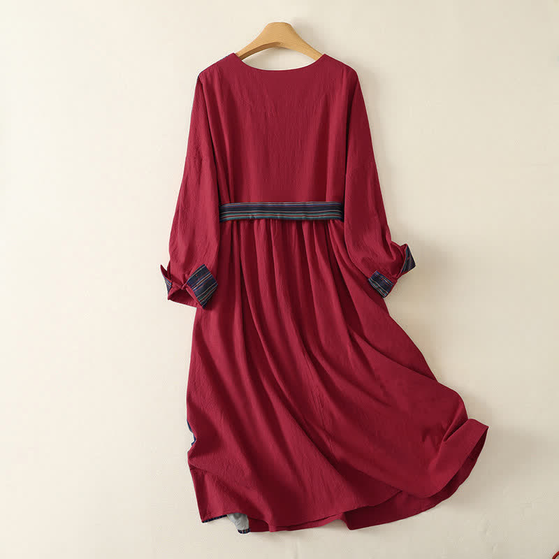Buddha Stones Herbstliches Tang-Style-Kleid für Damen, lässig, mit Knotenknöpfen, rot-bunt gestreift, langärmelig und mit Taschen - image 1