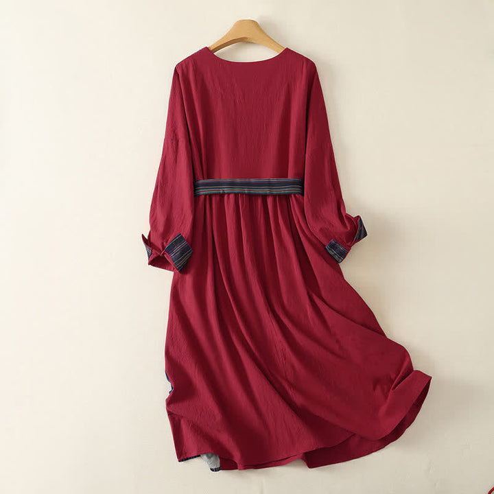 Buddha Stones Herbstliches Tang-Style-Kleid für Damen, lässig, mit Knotenknöpfen, rot-bunt gestreift, langärmelig und mit Taschen - image 1