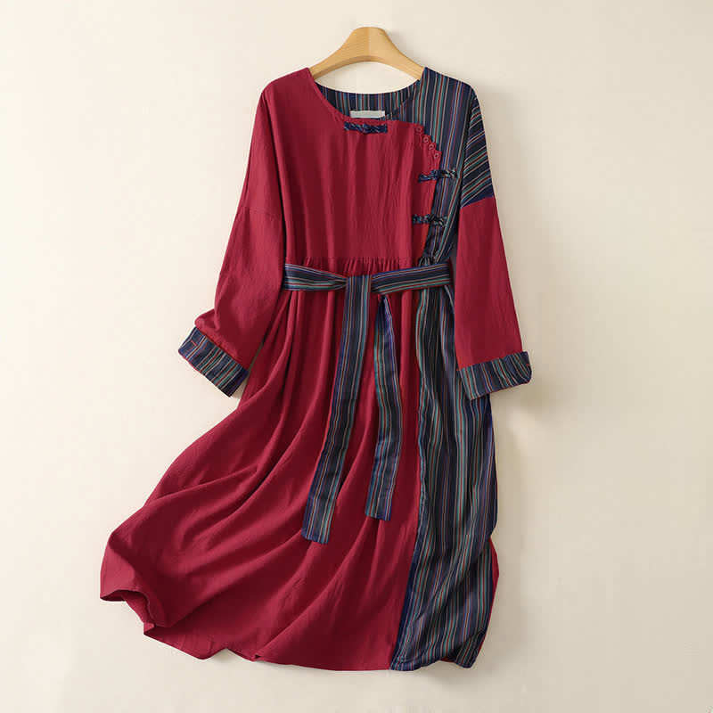 Buddha Stones Herbstliches Tang-Style-Kleid für Damen, lässig, mit Knotenknöpfen, rot-bunt gestreift, langärmelig und mit Taschen - Feuerfestziegel - US12, UK/AU16, EU44 (2XL) - image 0