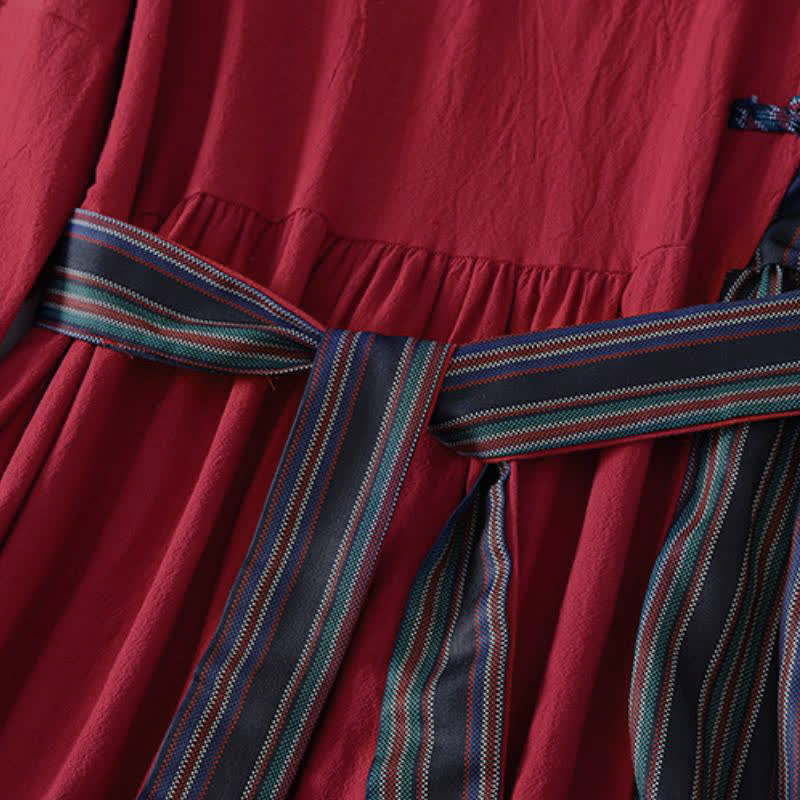 Buddha Stones Herbstliches Tang-Style-Kleid für Damen, lässig, mit Knotenknöpfen, rot-bunt gestreift, langärmelig und mit Taschen - image 6