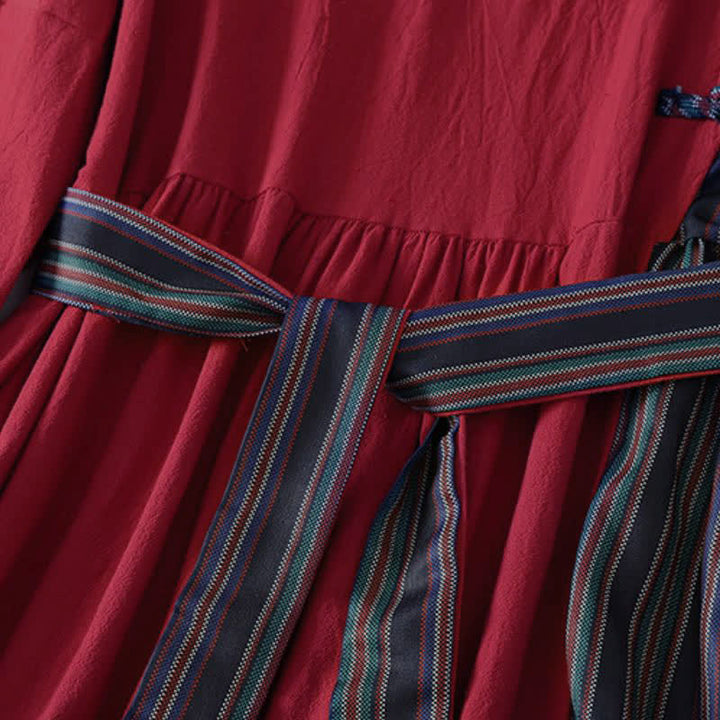 Buddha Stones Herbstliches Tang-Style-Kleid für Damen, lässig, mit Knotenknöpfen, rot-bunt gestreift, langärmelig und mit Taschen - image 6