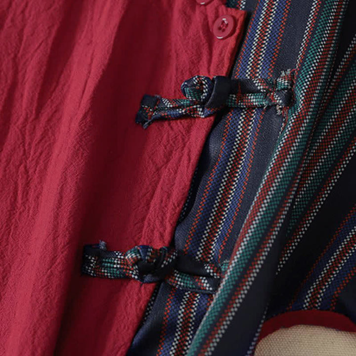Buddha Stones Herbstliches Tang-Style-Kleid für Damen, lässig, mit Knotenknöpfen, rot-bunt gestreift, langärmelig und mit Taschen - image 5