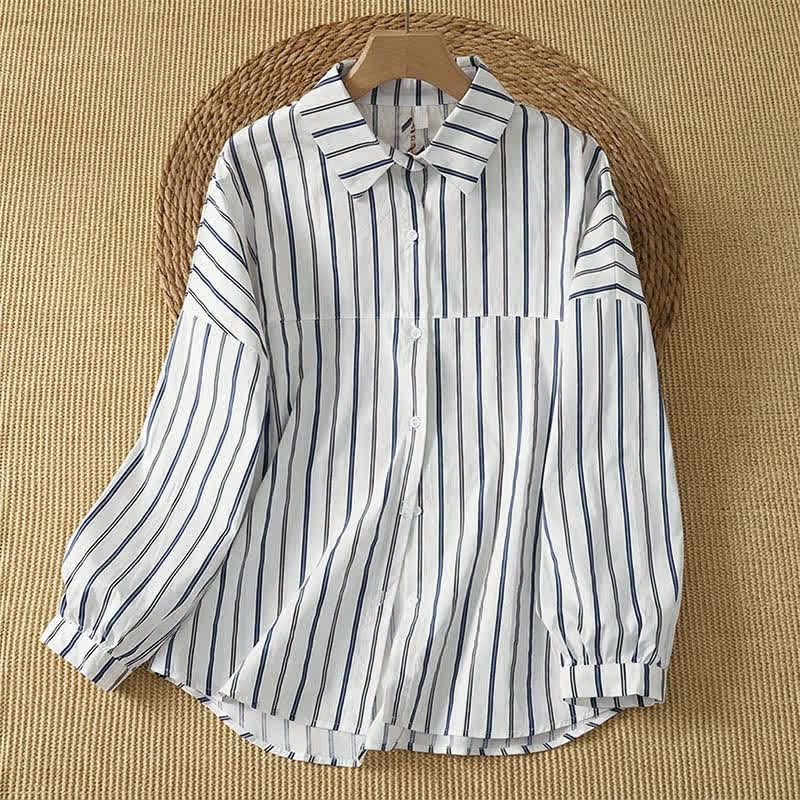 Buddha Stones Lässiges, minimalistisches Langarmhemd mit Knopfleiste und vertikalen Streifen für Damen für den Frühling - Weiß - US12, UK/AU16, EU44 (2XL) - image 4