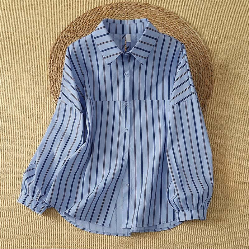Buddha Stones Lässiges, minimalistisches Langarmhemd mit Knopfleiste und vertikalen Streifen für Damen für den Frühling - Kornblumenblau - US12, UK/AU16, EU44 (2XL) - image 0