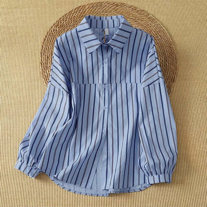 Buddha Stones Lässiges, minimalistisches Langarmhemd mit Knopfleiste und vertikalen Streifen für Damen für den Frühling - Kornblumenblau - US12, UK/AU16, EU44 (2XL) - image 0