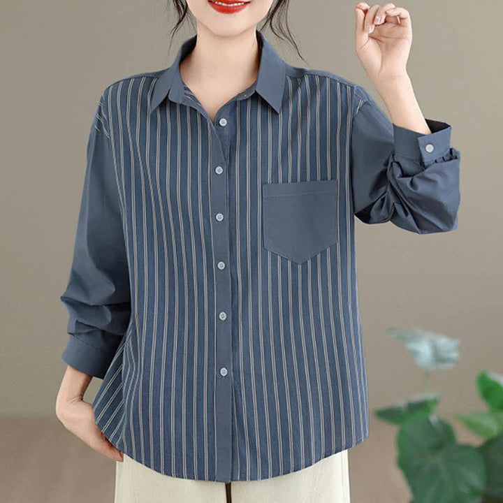 Buddha Stones Lässiges, minimalistisches Langarmhemd mit Knopfleiste, Streifenmuster und aufgesetzter Tasche für Damen im Frühlingsstil. - SteelBlue - US8-10, UK/AU12-14, EU40-42 (2XL) - image 0