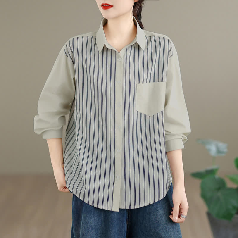 Buddha Stones Lässiges, minimalistisches Langarmhemd mit Knopfleiste, Streifenmuster und aufgesetzter Tasche für Damen im Frühlingsstil. - Beige - US8-10, UK/AU12-14, EU40-42 (2XL) - image 5