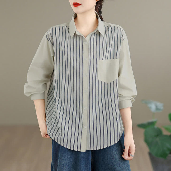 Buddha Stones Lässiges, minimalistisches Langarmhemd mit Knopfleiste, Streifenmuster und aufgesetzter Tasche für Damen im Frühlingsstil. - Beige - US8-10, UK/AU12-14, EU40-42 (2XL) - image 5