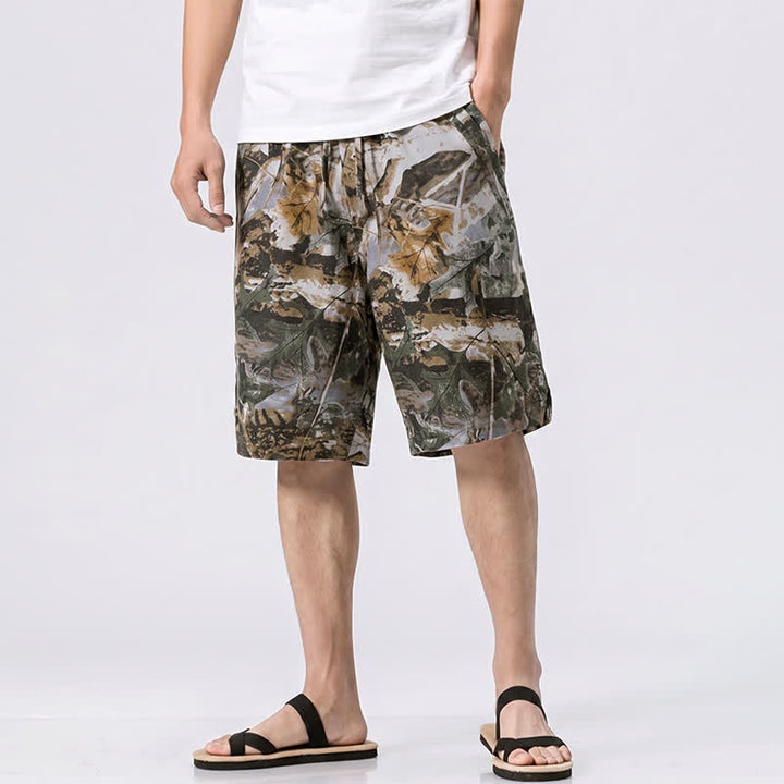 Buddha Stones Lässige, sportliche Sommer-Shorts für Herren aus Baumwoll-Ramie mit Kordelzug, Camouflage-Blättermuster und Taschen - Grau - US/UK/AU44, EU54 (4XL) - image 0