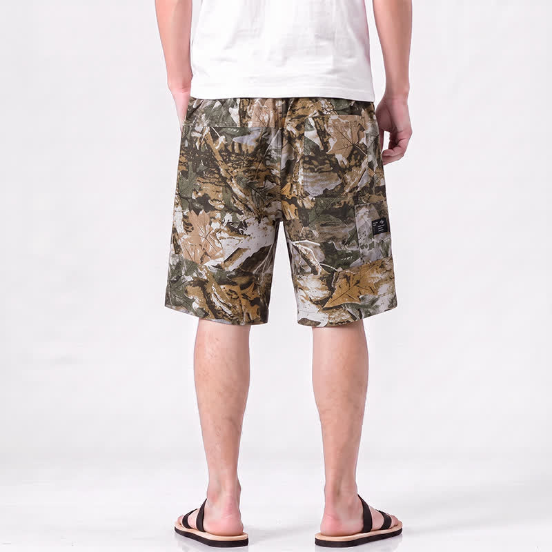 Buddha Stones Lässige, sportliche Sommer-Shorts für Herren aus Baumwoll-Ramie mit Kordelzug, Camouflage-Blättermuster und Taschen - image 1