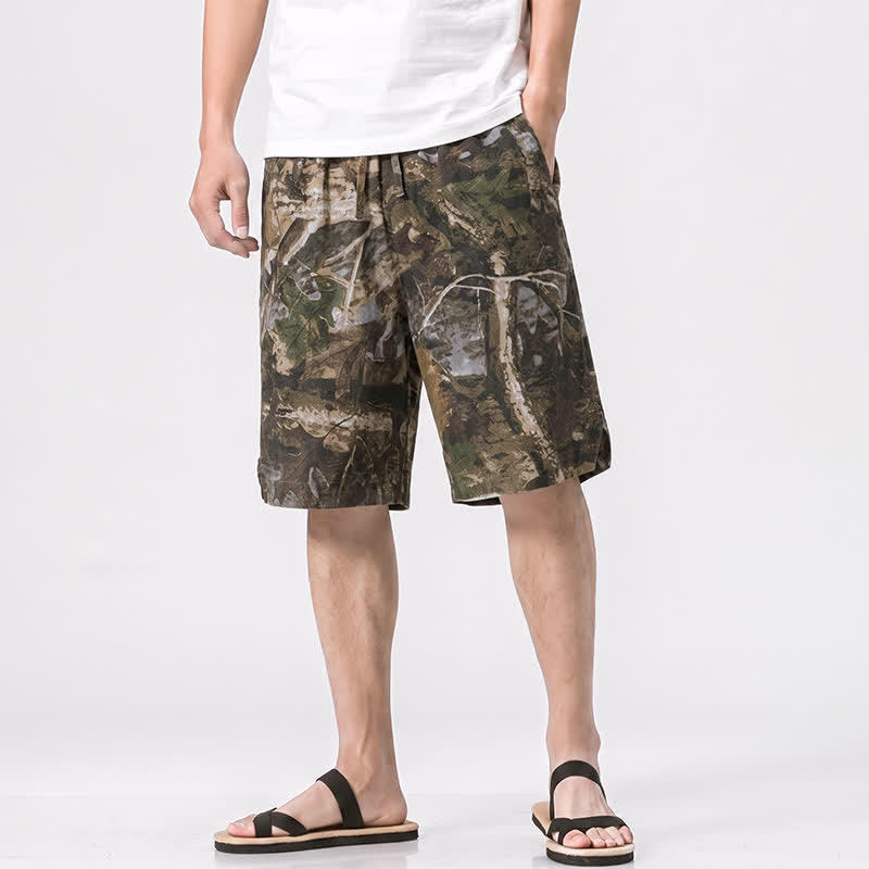 Buddha Stones Lässige, sportliche Sommer-Shorts für Herren aus Baumwoll-Ramie mit Kordelzug, Camouflage-Blättermuster und Taschen - Olivgrün - US/UK/AU44, EU54 (4XL) - image 10