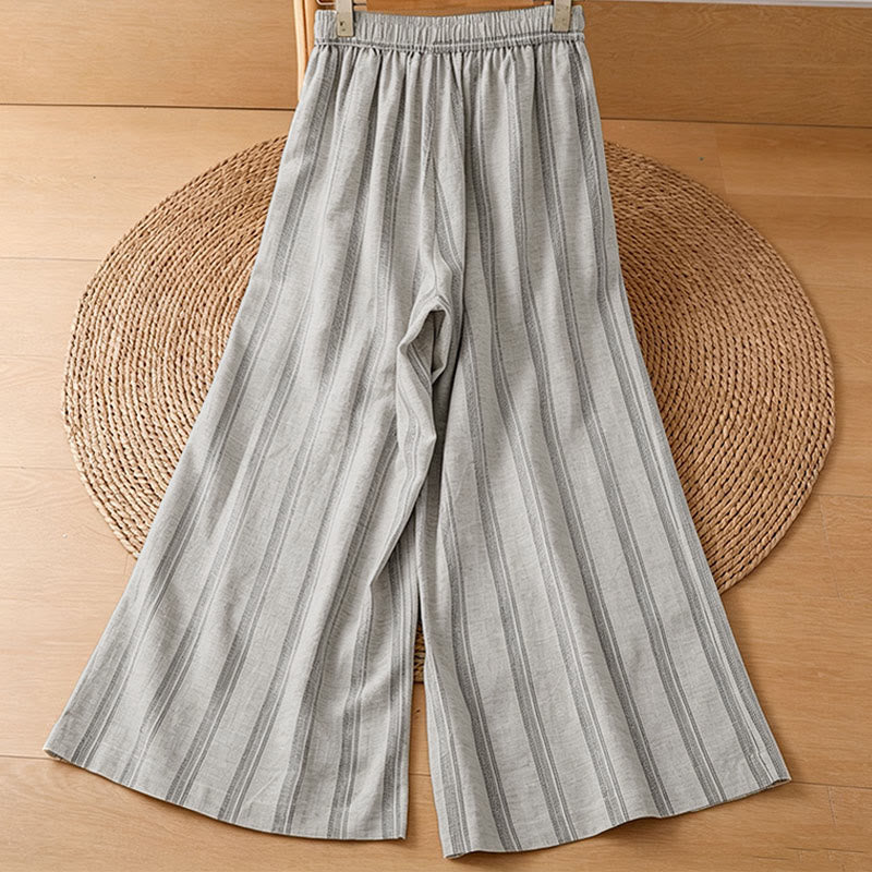 Buddha Stones Lässige, gestreifte Cropped-Hose mit Kordelzug für Damen – ideal für Frühling und Sommer – mit weitem Bein und Taschen - image 1