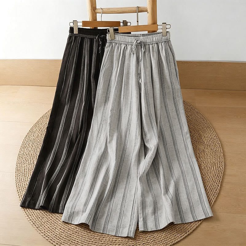 Buddha Stones Lässige, gestreifte Cropped-Hose mit Kordelzug für Damen – ideal für Frühling und Sommer – mit weitem Bein und Taschen - image 17