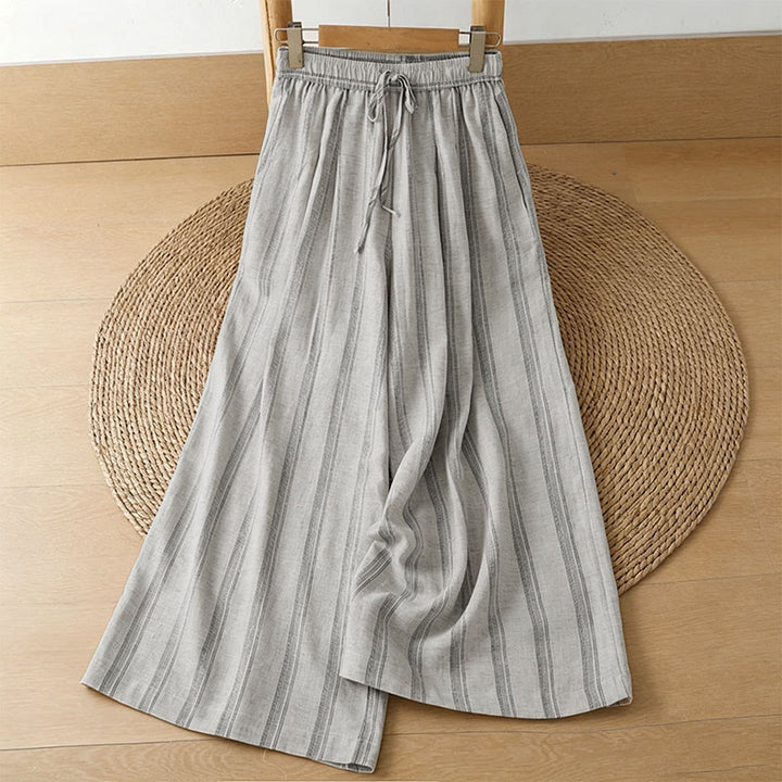 Buddha Stones Lässige, gestreifte Cropped-Hose mit Kordelzug für Damen – ideal für Frühling und Sommer – mit weitem Bein und Taschen - Leinen - US8-10, UK/AU12-14, EU40-42 (2XL) - image 0