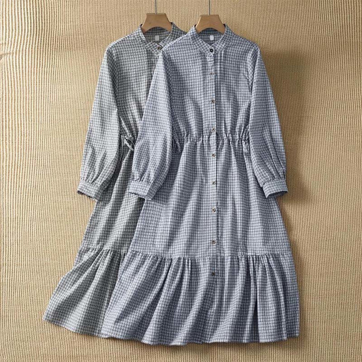 Buddha Stones Lässiges, kariertes Langarmkleid für Damen mit Knopfleiste für den Frühling - image 10