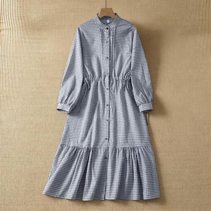 Buddha Stones Lässiges, kariertes Langarmkleid für Damen mit Knopfleiste für den Frühling - Hellstahlblau - US8-10, UK/AU12-14, EU40-42 (2XL) - image 0