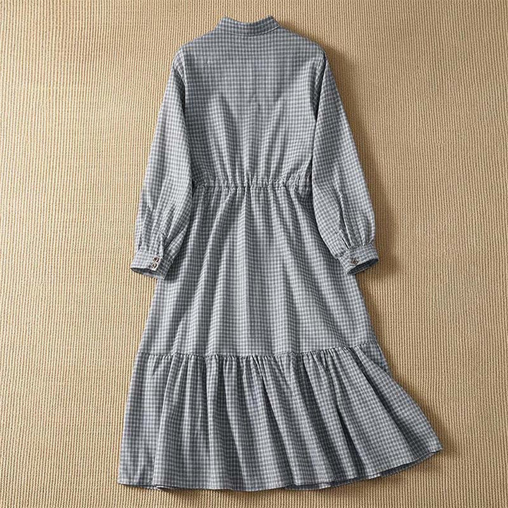 Buddha Stones Lässiges, kariertes Langarmkleid für Damen mit Knopfleiste für den Frühling - image 3