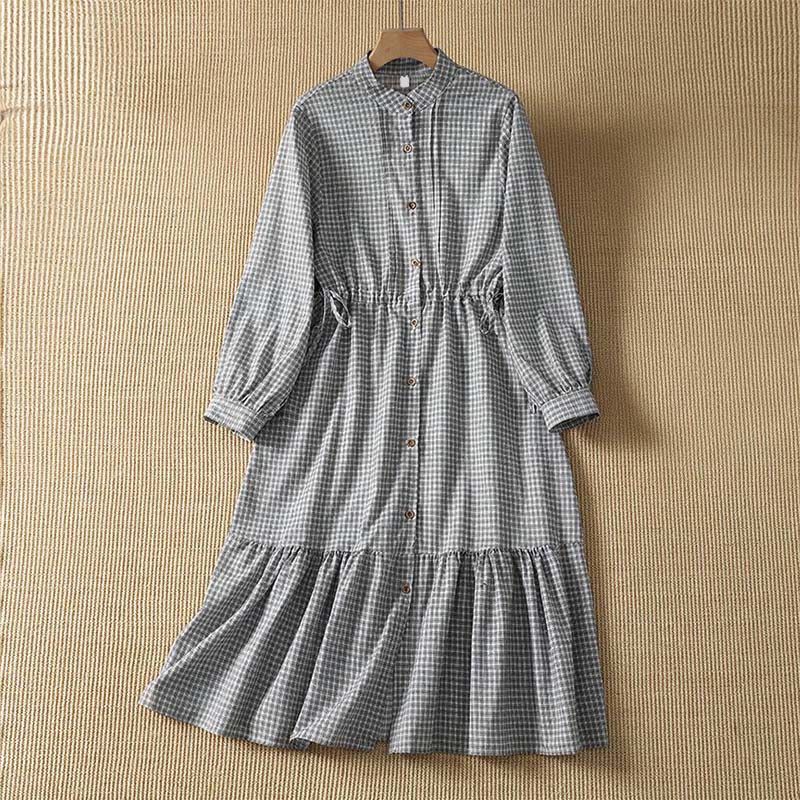 Buddha Stones Lässiges, kariertes Langarmkleid für Damen mit Knopfleiste für den Frühling - Schwarz - US8-10, UK/AU12-14, EU40-42 (2XL) - image 1