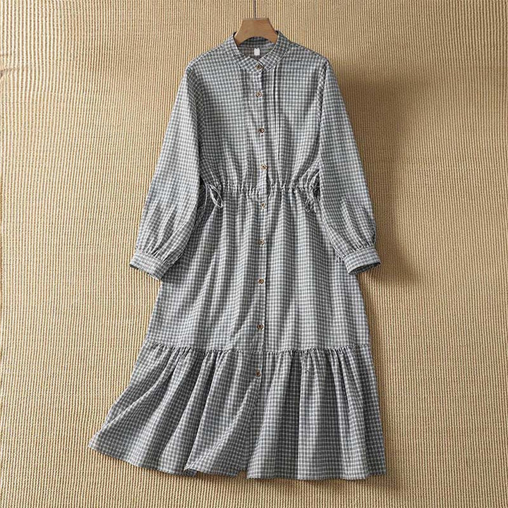Buddha Stones Lässiges, kariertes Langarmkleid für Damen mit Knopfleiste für den Frühling - Schwarz - US8-10, UK/AU12-14, EU40-42 (2XL) - image 1