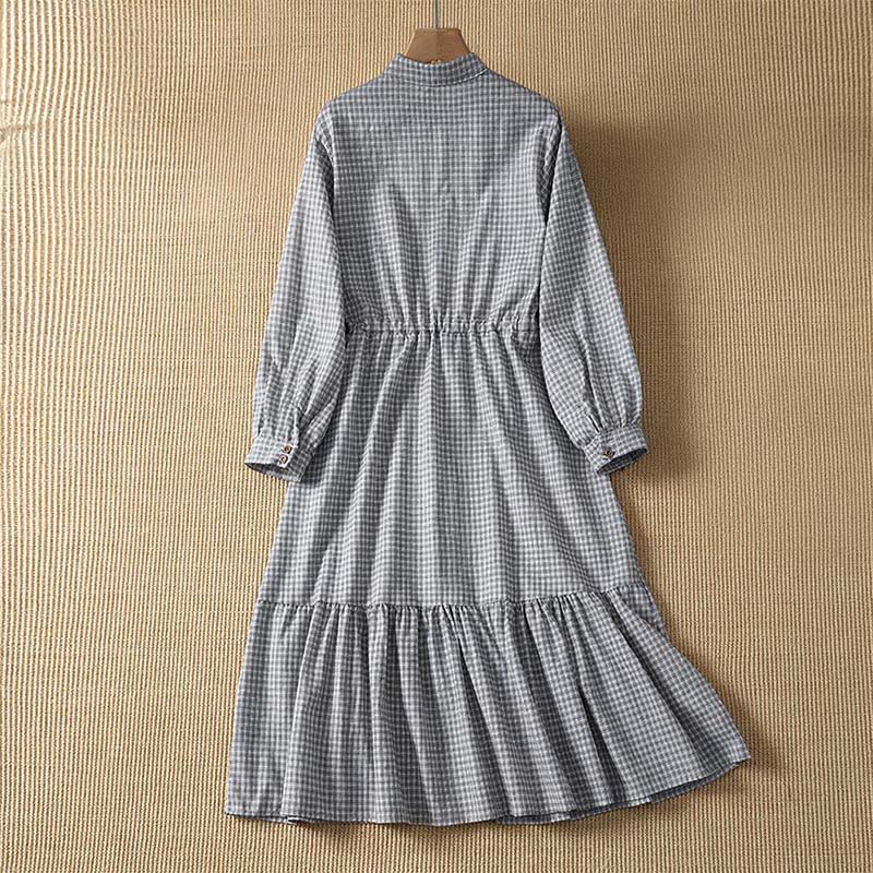 Buddha Stones Lässiges, kariertes Langarmkleid für Damen mit Knopfleiste für den Frühling - image 2