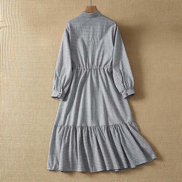 Buddha Stones Lässiges, kariertes Langarmkleid für Damen mit Knopfleiste für den Frühling - image 2