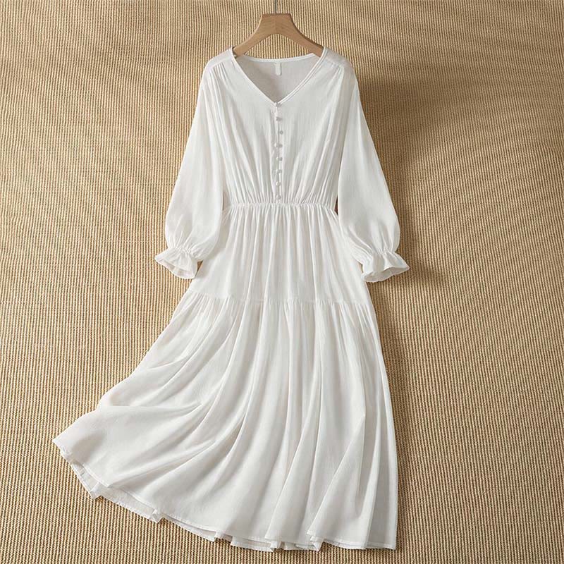 Buddha Stones Frühlingshaftes Boho-Kleid für Damen mit Knopfleiste, langen Ärmeln und Tasche - Weiß - US8-10, UK/AU12-14, EU40-42 (2XL) - image 0