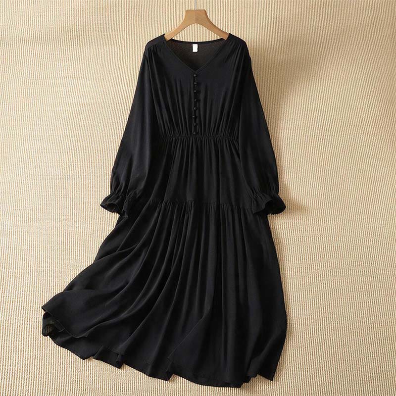 Buddha Stones Frühlingshaftes Boho-Kleid für Damen mit Knopfleiste, langen Ärmeln und Tasche - Schwarz - US8-10, UK/AU12-14, EU40-42 (2XL) - image 7