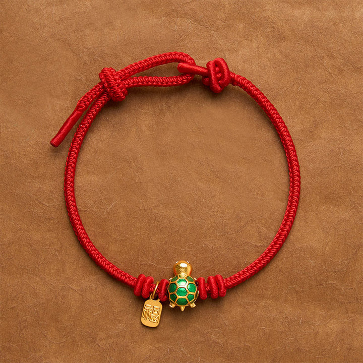 Buddha Stones Fu-Charakter Schildkröte Rotes Glücksarmband - Rot - 6,7–7,5 Zoll/17–19 cm - Square Fu Charakter - image 1