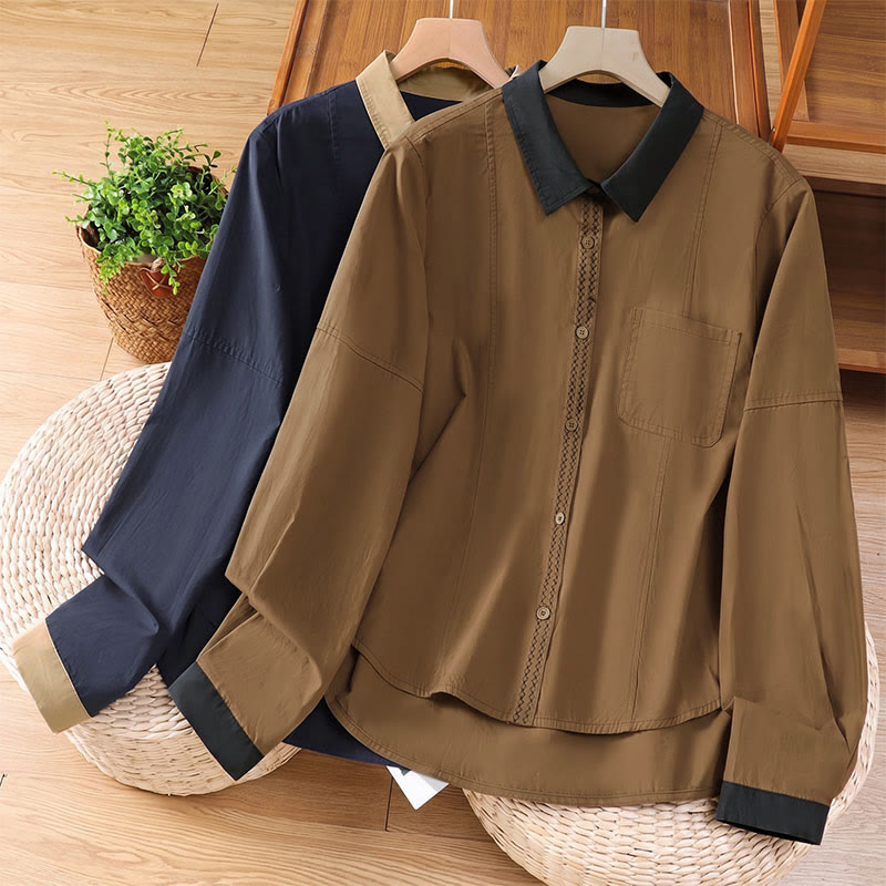 Buddha Stones Lässiges, minimalistisches Langarmshirt für Damen mit Kontrastbesatz und aufgesetzter Tasche – ideal für den Sommer. - image 19