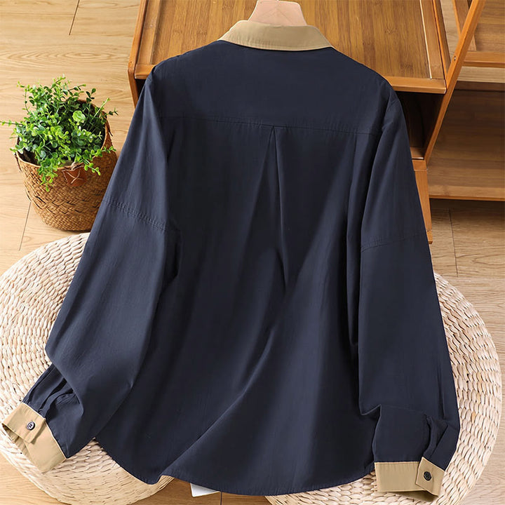 Buddha Stones Lässiges, minimalistisches Langarmshirt für Damen mit Kontrastbesatz und aufgesetzter Tasche – ideal für den Sommer. - image 1