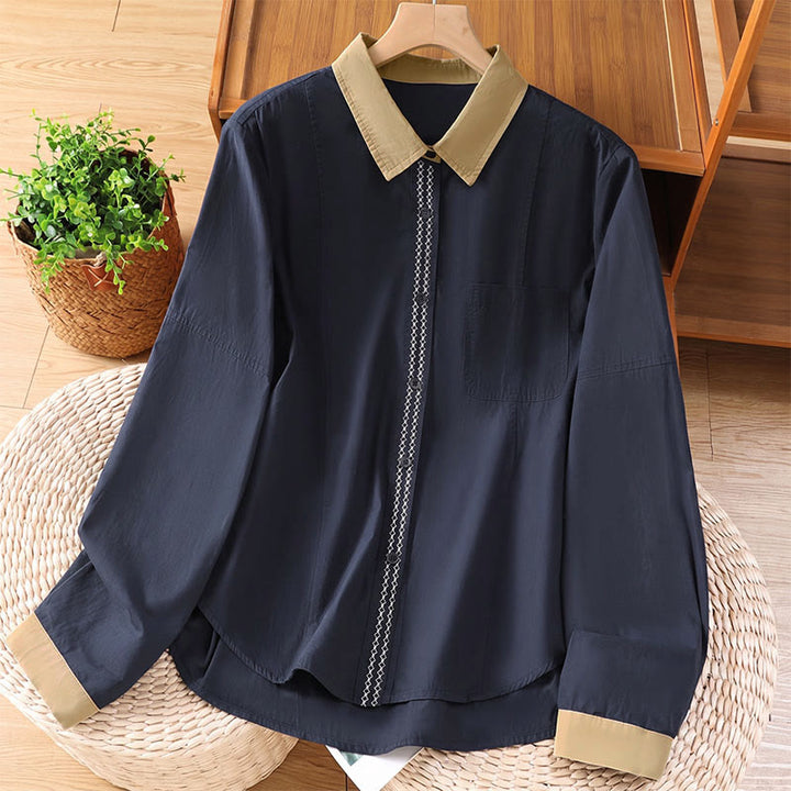 Buddha Stones Lässiges, minimalistisches Langarmshirt für Damen mit Kontrastbesatz und aufgesetzter Tasche – ideal für den Sommer. - Mitternachtsblau - US8-10, UK/AU12-14, EU40-42 (2XL) - image 0