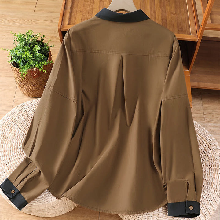 Buddha Stones Lässiges, minimalistisches Langarmshirt für Damen mit Kontrastbesatz und aufgesetzter Tasche – ideal für den Sommer. - image 10