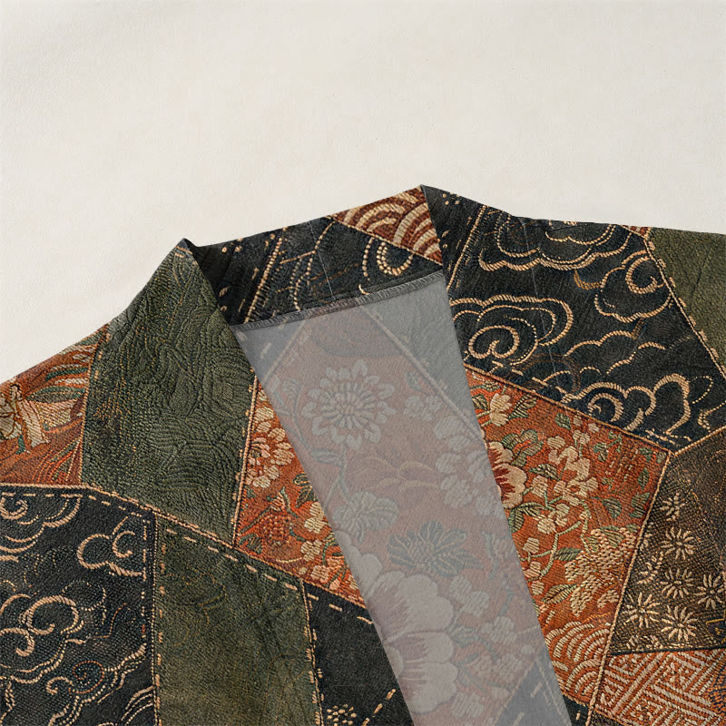 Buddha Stones Kimono aus Baumwolle im Vintage-Patchwork-Design mit Wellenmuster und offener Vorderseite für Herren - image 3