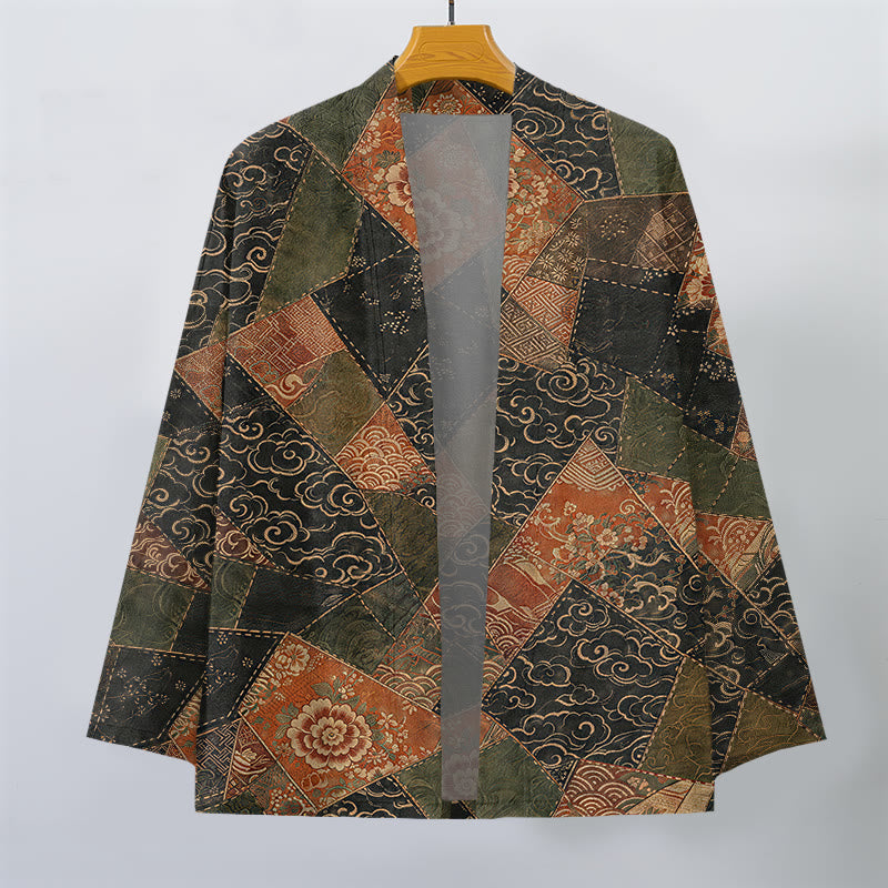 Buddha Stones Kimono aus Baumwolle im Vintage-Patchwork-Design mit Wellenmuster und offener Vorderseite für Herren - image 1