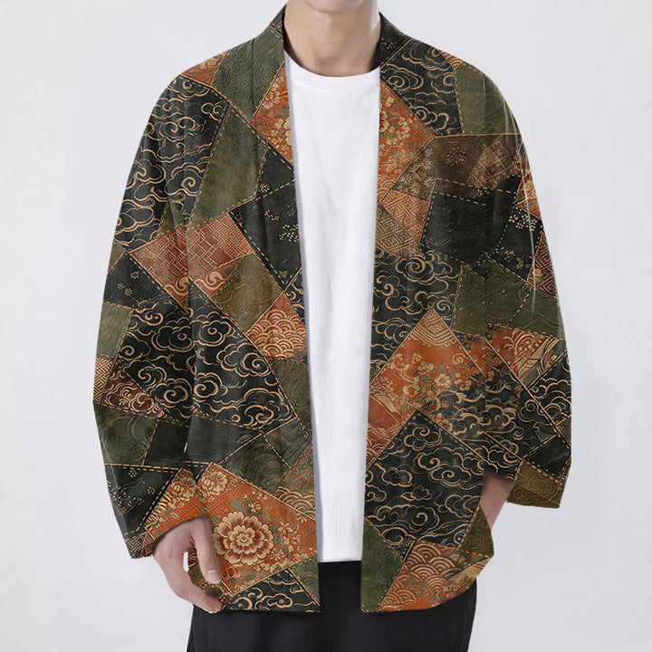 Buddha Stones Kimono aus Baumwolle im Vintage-Patchwork-Design mit Wellenmuster und offener Vorderseite für Herren - Schwarz - US/UK/AU48, EU58 (4XL) - image 0