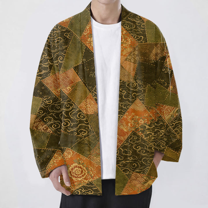 Buddha Stones Kimono aus Baumwolle im Vintage-Patchwork-Design mit Wellenmuster und offener Vorderseite für Herren - Dunkelolivgrün - US/UK/AU48, EU58 (4XL) - image 6