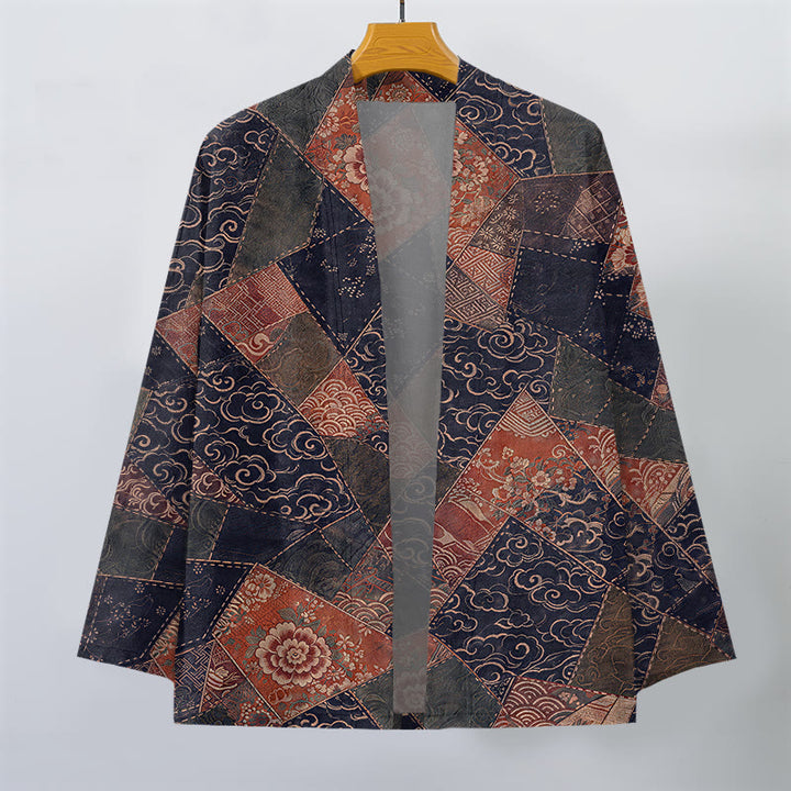 Buddha Stones Kimono aus Baumwolle im Vintage-Patchwork-Design mit Wellenmuster und offener Vorderseite für Herren - image 10