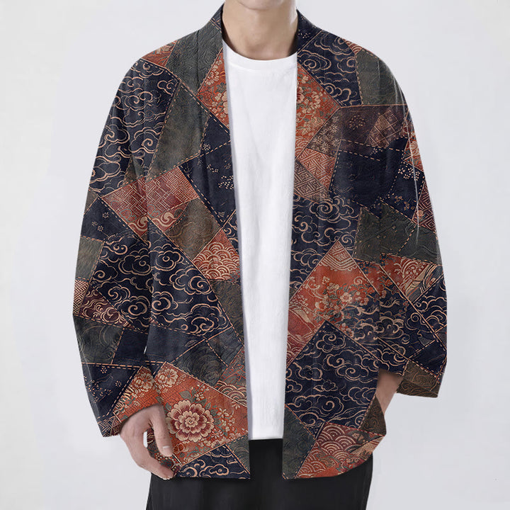 Buddha Stones Kimono aus Baumwolle im Vintage-Patchwork-Design mit Wellenmuster und offener Vorderseite für Herren - Marine - US/UK/AU48, EU58 (4XL) - image 9