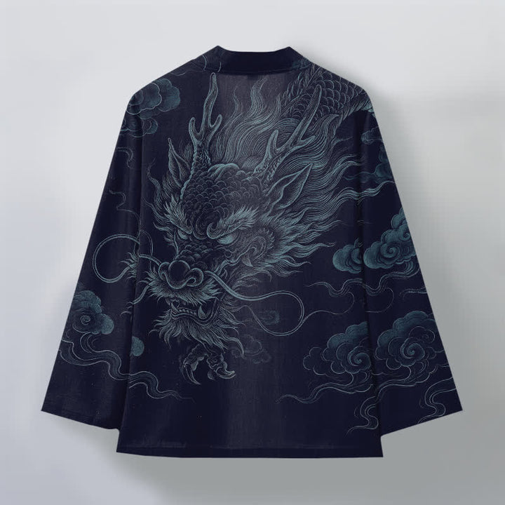 Buddha Stones Baumwollkimono mit antikem Drachennebelmuster und offener Vorderseite für Herren - image 2