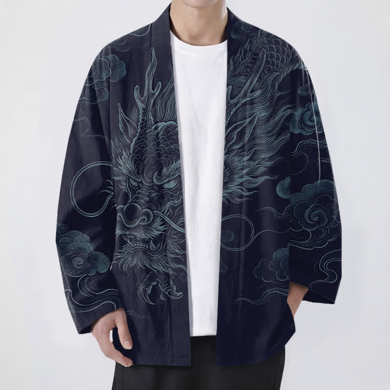 Buddha Stones Baumwollkimono mit antikem Drachennebelmuster und offener Vorderseite für Herren - Marine - US/UK/AU48, EU58 (4XL) - image 0
