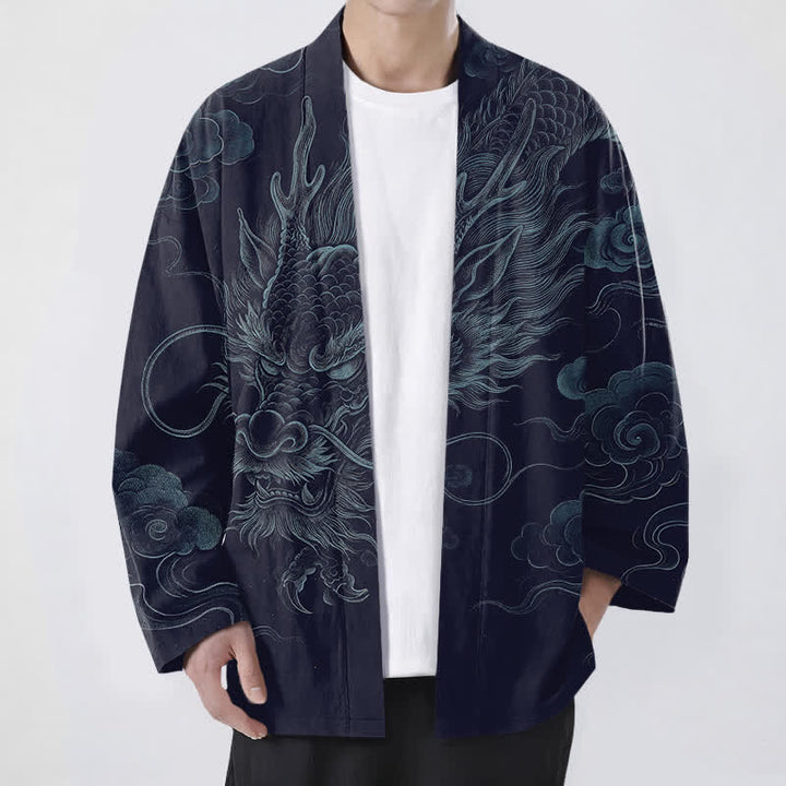 Buddha Stones Baumwollkimono mit antikem Drachennebelmuster und offener Vorderseite für Herren - Marine - US/UK/AU48, EU58 (4XL) - image 0
