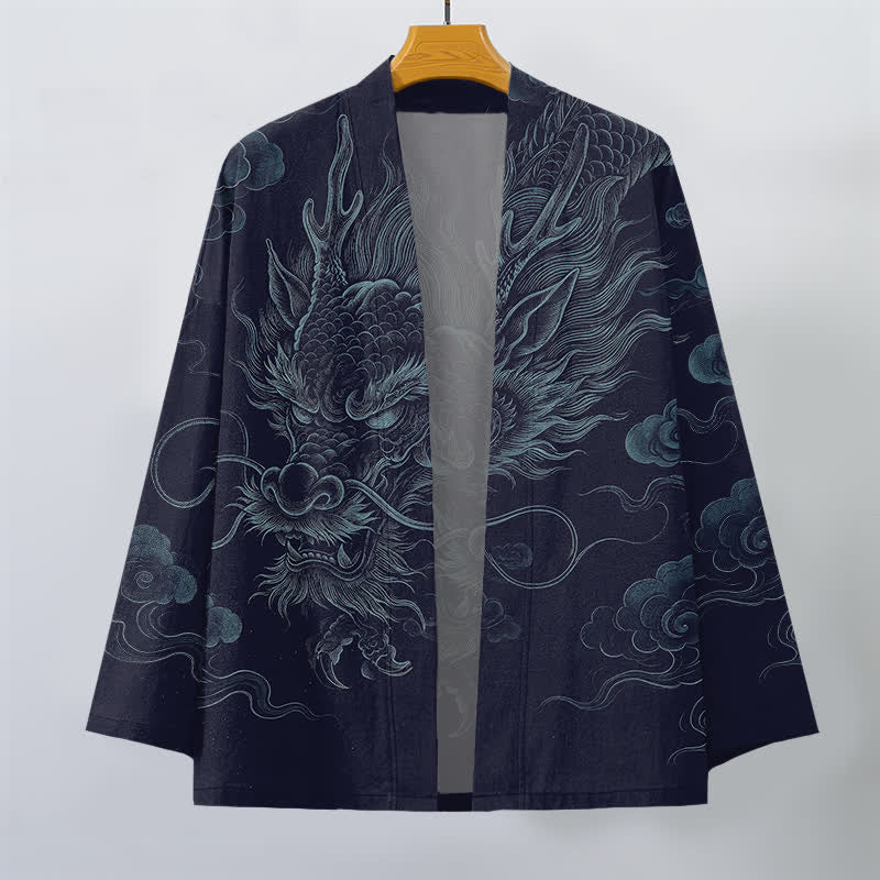 Buddha Stones Baumwollkimono mit antikem Drachennebelmuster und offener Vorderseite für Herren - image 1